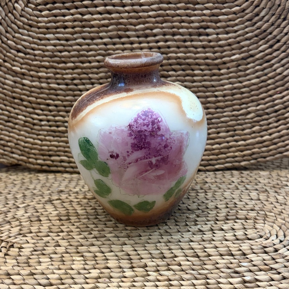 Floral hand painted milk glass 1900 to 1920s Vase with Pink Rose Design